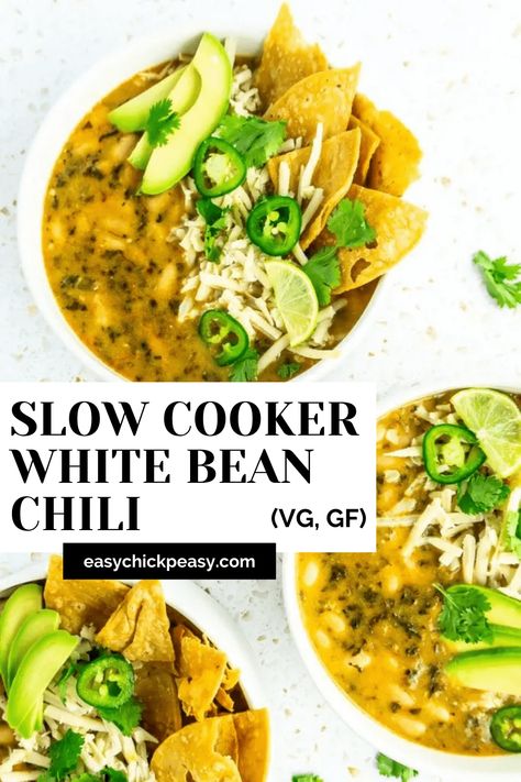 This might be the easiest chili you ever make. If you can use a can opener, you can make this super flavorful vegan and gluten free chili. It takes 5 minutes of prep. Yes, really. #easyrecipes #slowcooker #vegan #glutenfree #chili White Bean Chili Crockpot, Dairy Free Chili, White Bean Chili Vegetarian, Vegan Chili Crockpot, Veg Soups, Vegetarian White Chili, White Bean Chili Recipe, Veggie Soups, Vegan Chili Recipe