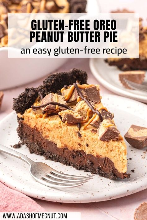 This gluten-free Oreo peanut butter pie has a luscious chocolate ganache filling atop a gluten-free Oreo crust and is crowned with a velvety peanut butter cream cheese filling. It’s smooth, rich, and always a crowd pleaser! #glutenfree #recipe Chocolate Pie Gluten Free, Gf Peanut Butter Pie, Gluten Free Chocolate Peanut Butter Pie, Gluten Free Chocolate Cream Pie, Gluten Free Oreo Pie, Gluten Free Peanut Butter Pie, Oreo Peanut Butter Pie, Gluten Free Chocolate Pie, Gluten Free Graham Cracker Crust