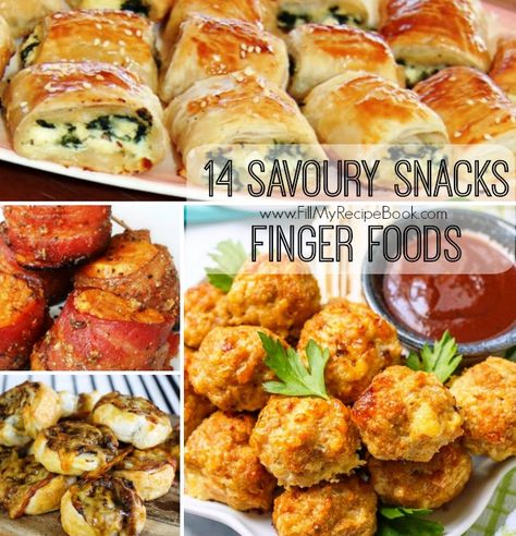 14 Savoury Snacks Finger Foods for office parties or any other gathering, alternative to sweet things.     Advertisement - Continue below   //     Mini pizzas  Spinach and ricotta rolls  Savory bacon pineapple bites    Spinach cheese puffs  Mini spinach quiche  Tuna and sweet corn mini q... Savoury Finger Food Entertaining, Savory Snacks For Tea Party, Quick Savoury Snacks, Spinach Finger Food, Cold Savoury Finger Food, Finger Food You Can Prepare In Advance, Healthy Snacks For Party, Halloween Food Easy, Office Party Food