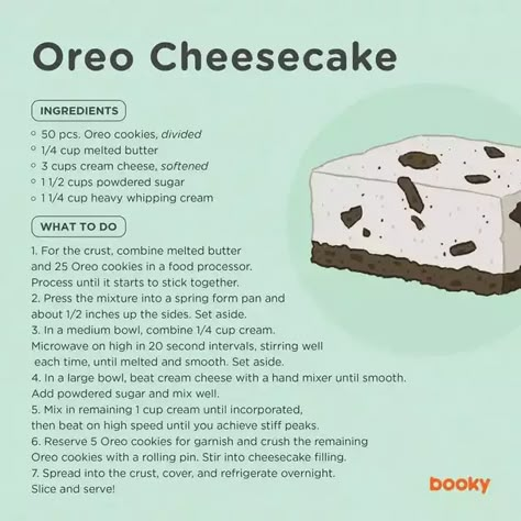 Oreo Cheesecake Recipe, Homemade Recipe Books, Recipe Book Design, Resepi Biskut, Recipe Book Diy, Homemade Cookbook, Recipe Drawing, Food Infographic, Sweet Dishes Recipes