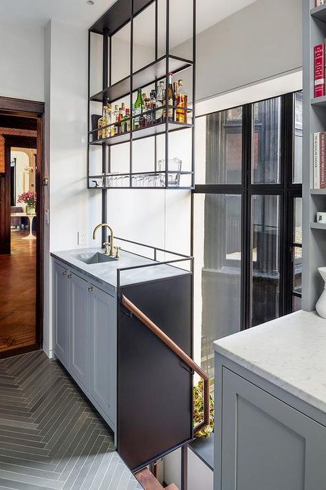 Hanging Kitchen Shelves Suspended From ... Hanging Kitchen Shelves, Narrow Kitchen Design, Suspended Shelves, Upper Kitchen Cabinets, Bar In Casa, Modern Home Bar, Home Bar Design, Brooklyn Brownstone, Narrow Kitchen