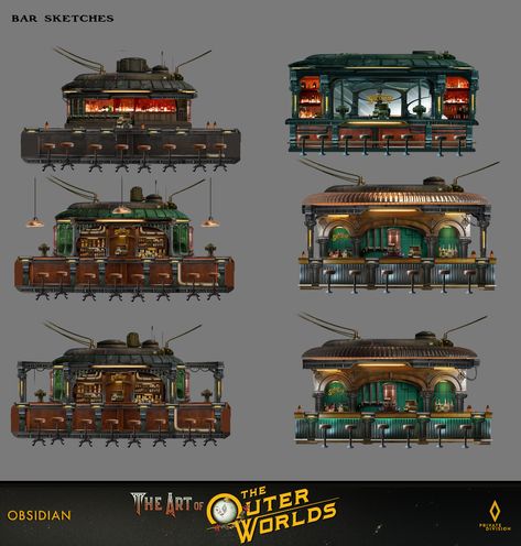 ArtStation - The Outer Worlds - Bar Concept, Bobby Hernandez The Outer Worlds, Dragon Project, Space Western, Bar Concept, Sci Fi Architecture, Architecture Blueprints, Steampunk Artwork, Savage Worlds, Home On The Range