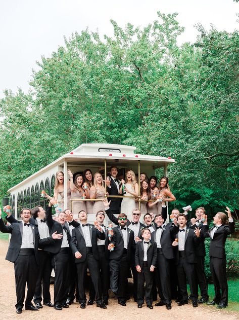 Trolley Wedding, Big Bridal Party, Groomsmen In Black, Athens Georgia Wedding, Jenny Yoo Bridesmaid, Athens Wedding, Georgia Wedding Venues, Wedding Transportation, Luxury Wedding Photography