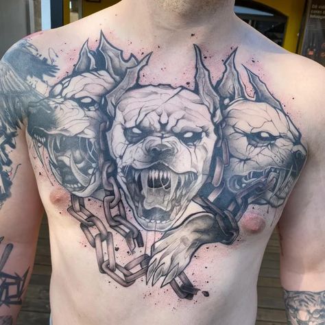 Cerberus Tattoo, Chest Piece Tattoo, Foo Dog Tattoo, Cool Tattoo Drawings, Skull Art Drawing, Chest Piece Tattoos, Horror Tattoo, Chest Piece, Dog Tattoo