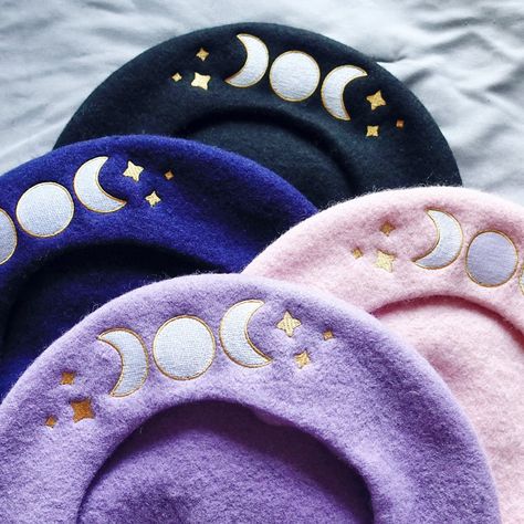 Embroidery Beret, Pastel Beret, Embellished Beret, Kawaii Beret Hat, Cute Beret, Felt Beret, Quirky Shoes, French Hat, Triple Moon Goddess