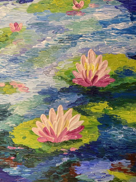 Acrylic Painting Ideas On Canvas Aesthetic, Acyrlic Painting, Jar Painting, Water Lilies Art, Water Lilies Painting, Pink Lilies, Art Deco Paintings, Lily Painting, Impressionism Painting