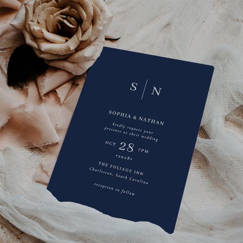 Minimal and Chic | Navy Blue Wedding Invitation These elegant, modern wedding invitations feature a simple dark navy blue and white text design that exudes minimalist style. Add your initials or monogram to make them completely your own. The back of the invitation is solid navy. Navy Blue And White Wedding Invitations, Navy Invitations Wedding, Navy Wedding Invitations Elegant, Dark Blue Wedding Invitations, Navy Themed Wedding, Navy Blue And White Wedding Theme, Navy Wedding Invites, White And Navy Blue Wedding, Navy Blue Wedding Invites