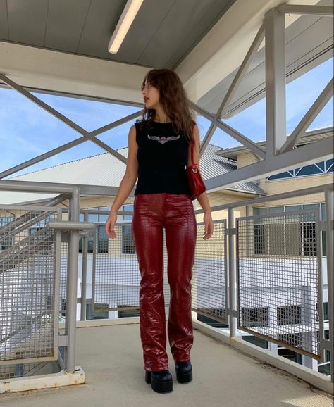 Red Leather Pants, Rock Star Outfit, Outfits 2000s, Leather Pants Outfit, Metallic Leggings, Leather Pants Women, Instagram Outfits, Honey Pot, Red Pants