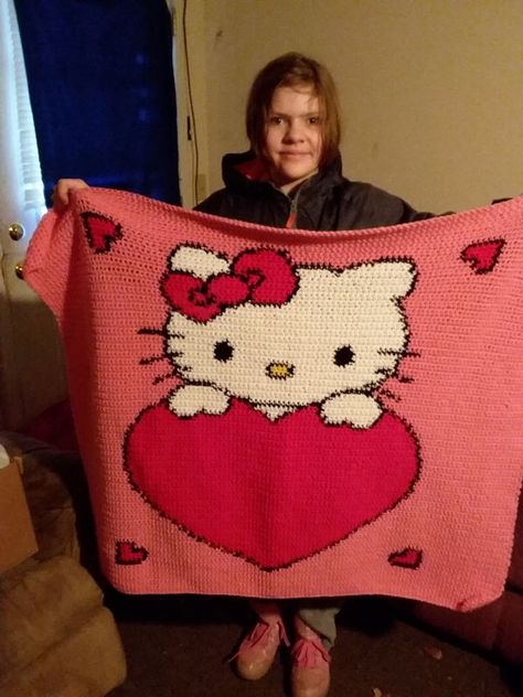 Hello Kitty Blanket Hello Kitty C2c Crochet Pattern, Knitted Hello Kitty, Hello Kitty Blanket Crochet Pattern, Crochet Hello Kitty Stuff, Crochet Hello Kitty Sweater, Crochet Hello Kitty Blanket, Cute Crochet Hello Kitty, Hello Kitty Crochet Tapestry, Hello Kitty Crochet Blanket