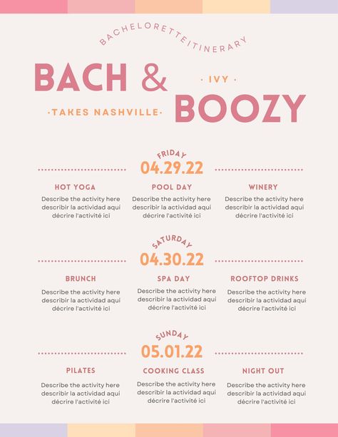 "Introducing our \"Bach & Boozy\" Bachelorette Party Template - An Aesthetically Pleasing Itinerary & Invite! Get ready to celebrate in style with our beautifully designed \"Bach & Boozy\" Bachelorette Party Template! Say goodbye to the hassle of planning and create an unforgettable weekend with ease. Our template is the perfect blend of aesthetics and functionality, making it a breeze for shoppers to input their information and create a stunning personalized itinerary and invitation. Embrace th How To Make An Itinerary, Bachelorette Party Schedule, Bachelorette Party Color Scheme, Bachelorette Itinerary Ideas, Bach And Boozy Bachelorette, Bachelorette Party Set Up, Low Key Bachelorette, Bach Itinerary, Fun Bachelorette Party Ideas