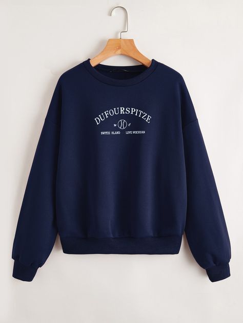 Navy Blue Casual  Long Sleeve Polyester Graphic,Letter Pullovers Embellished Slight Stretch Spring/Fall Women Sweatshirts Crop Top Outfits Summer, Women Slogan, Navy Blue Hoodie, Navy Blue Sweatshirt, Stylish Hoodies, Baggy Clothes, Women Sweatshirts, Dropped Shoulder Sweatshirt, Cute Lazy Outfits