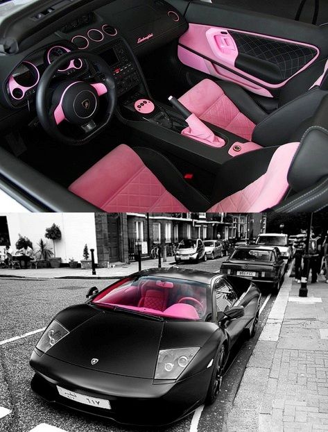 I know this isn't really women's clothes, but it could be a woman's "accessory." It's just what every woman needs. A matte black Lambo with pepto-pink interior highlights. Two Fast Two Furious, Murcielago Lp640, Pink Jeep, Girly Car, Crypto Bitcoin, Pink Car, Pink Interior, Love Car