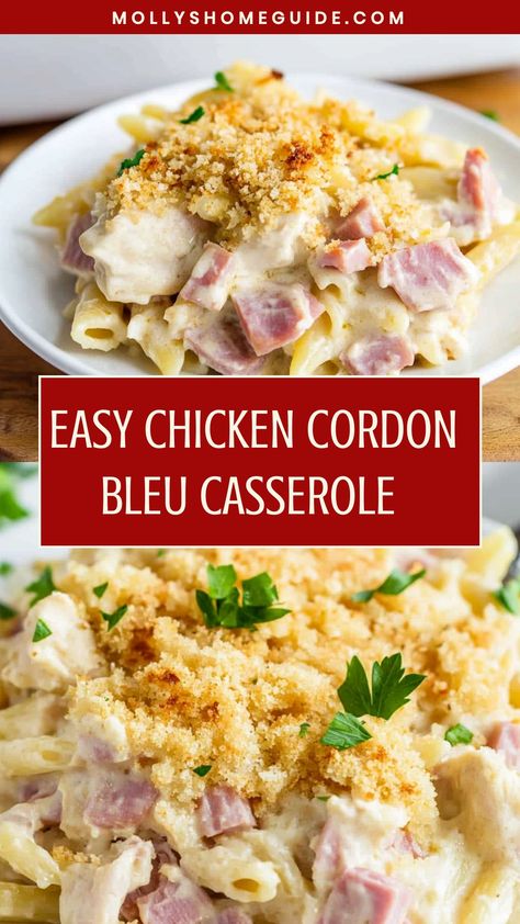 Indulge in the rich flavors of a classic dish with this easy-to-make chicken cordon bleu casserole recipe. Layers of tender chicken, savory ham, and creamy Swiss cheese are baked to perfection, creating a comforting meal the whole family will love. This crowd-pleasing casserole is perfect for busy weeknights or special occasions when you want to impress your guests. Ham Chicken Casserole, Chicken And Ham Casserole Recipes, Chicken Cordon Blue Lasagna, Easy Chicken Cordon Bleu Casserole, Chicken Cordon Bleu Sandwich, Chicken Cordon Bleu Casserole Recipe, Ham Casserole Recipes, Easy Chicken Cordon Bleu, Cordon Bleu Recipe