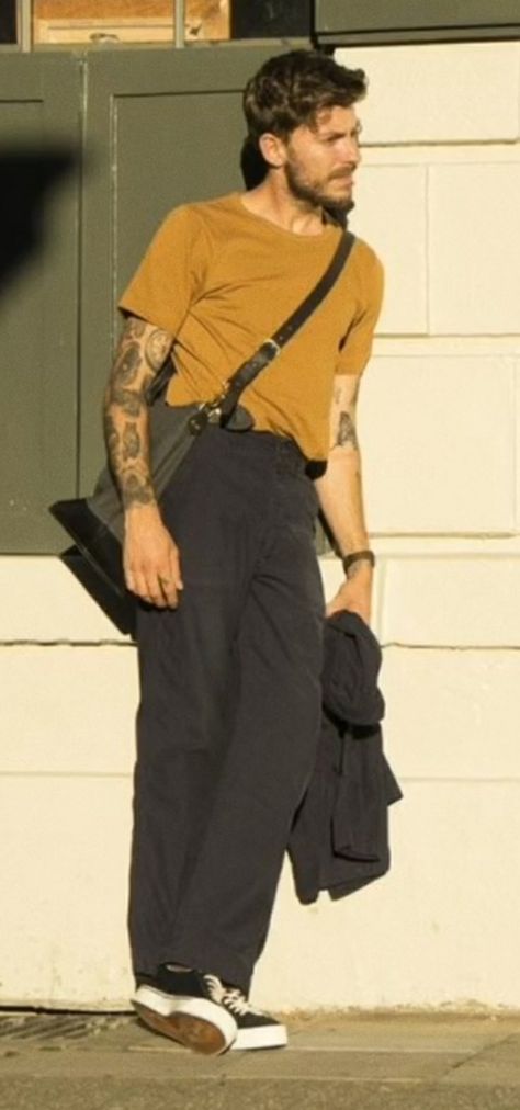 Casual Slacks Outfit Men, Punk Vintage Aesthetic, Boho Guy Outfit, Hipster Aesthetic Men, Gender Neutral Outfits Men, Virgo Male Aesthetic, Men’s Earth Tone Outfit, Fem Fashion For Men, Gen Z Male Fashion