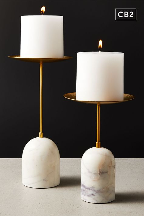 Smooth white carrara marble rounds out the base of this hand-hammered brass pillar candle stand. Cb2 Candle Holder, Pillar Candle Stand, Wood Pillar Candle Holders, Marble And Brass, Marble Candle Holder, White Pillar Candles, Candle Stands, Unique Candle Holders, Road House