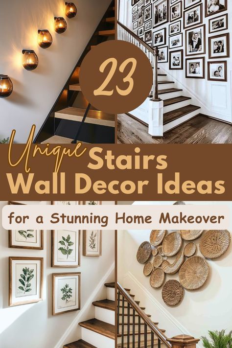 Want to add character to your staircase? Try these gorgeous stairs wall decor ideas, featuring bold geometric art, cozy rustic signs, and personalized monograms. #HomeDecor #StaircaseDesign #WallDecorIdeas #InteriorInspiration #DIYHomeDecor Bottom Stair Wall Decor, Going Upstairs Wall Decor, Smallwoods Gallery Wall Stairs, Staircase Rustic Ideas, Top Of Stairway Decor, Large Wall By Stairs Decor, Decorations For Stairs Wall, Staircase Wall Ideas Paper, How To Style Stairs Wall