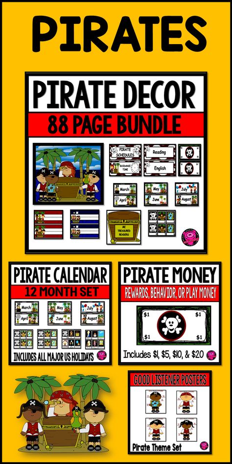 Arrrr Mates! You've found a treasure chest of gold with this fun, colorful, and affordable Pirate Theme classroom decor bundle that includes all the decorations for your back to school needs to set sail on a a learning adventure with this bright colorful PIRATE DECOR BUNDLE! \ #pirates #piratedecor #backtoschooldecor Back To School Needs, Pirate Theme Classroom, Back To School Worksheets, School Needs, School Products, Pirate Decor, Classroom Decor Bundle, Teacher Activities, Early Childhood Teacher