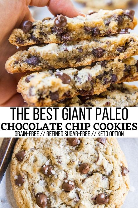 The BEST Giant Paleo Chocolate Chip Cookies - The Roasted Root Chewy Paleo Cookies, Easy Paleo Cookie Recipes, Grain Free Fall Recipes, Best Paleo Chocolate Chip Cookies, Refined Sugar Free Chocolate Chip Cookie, Best Healthy Chocolate Chip Cookies, Gaps Diet Cookies, Healthy Chewy Chocolate Chip Cookies, Gaps Dessert Recipes