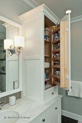 Master Bath Linen Closet and Medicine Cabinet Doors Design Ideas Bathroom Linen Tower, Makeover Kamar Mandi, Bathroom Vanity Storage, Bathroom Closet, Bad Inspiration, Small Remodel, Master Bath Remodel, Renovation Design, Trendy Bathroom