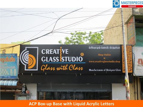 ACP box-up base with Liquid #acrylicletters #signboard installed for Creative Glass Studio at  #Chennai. For all your #signage #nameboard requirements ☎️ 044-26213757 or visit http://www.masterpieces.co.in, #AcrylicSigns #ACPSigns #Shopsigns #SignageChennai #Signmakers #Shoponline #SignageManufacturer #Business #FaceOfBusiness #Innovative #Design #Signs #Marketing #Graphicdesign #Logo #Branding #Display. Studio Name Board Design, Photography Studio Names, Name Board Design, Branding Display, Name Board, Sign Boards, Name Boards, Acrylic Letters, Trending Pins