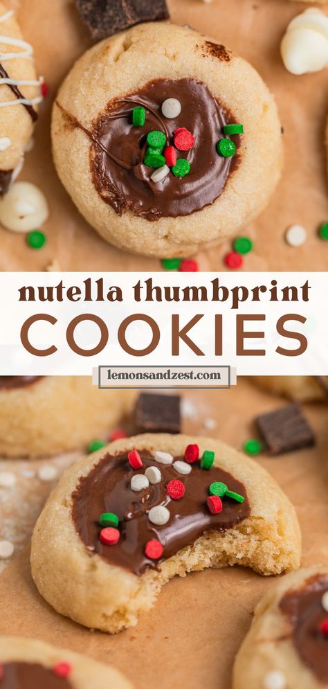 These simple soft and chewy Nutella Thumbprint Cookies are a Nutella lover's dream! A buttery soft cookie with a big dollop of chocolatey Nutella. Top these off with a drizzle of chocolate or some sprinkles to add some fun. Perfect for any occasion, from the holiday cookie exchange, treats for a special friend of just because! Santa Surprise Cookies, Thumbprint Cookie Filling Ideas, Nutella Thumbprint Cookies Recipe, Red Velvet Nutella Cookies, Sprinkle Thumbprint Cookies, Fudge Thumbprint Cookies, Nutella Swirl Cookies, Cookies For New Years, Christmas Cookies With Nutella