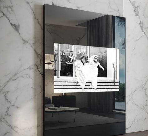 Meet our new arrival! The ReflexAngelo Movie Porta, designed by Pininfarina. This magnificent bespoke mirror TV container comes in Supersilver finish with black serigraphy, straight wooden frames in matt lacquered henné. Included LED 75" Samsung Q60A television. USB - HDMI connections. #casarredo #reflexangelo2022 #madeinitaly #interiordesign #designlover #architecture #luxuryhomes #homedesign #homedecor #archilovers #interiordesigninspiration #interiordecor #interiorinspiration #design #italia Tv Wall With Mirror Ideas, Bespoke Mirror, Mirror Tv Unit, Tv Mirror, Mirror Tv Stand, F1 2024, Living Room Decor Tips, Mirror Tv, Hidden Bar