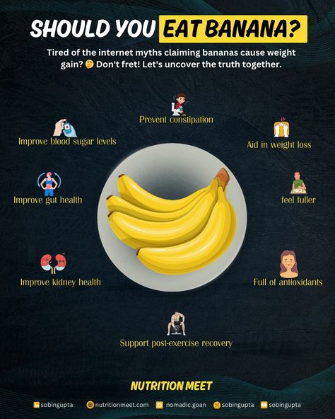 🍌 Think bananas are off-limits if you're trying to shed some pounds? Let's peel back the truth and debunk the myth that bananas cause weight gain! 🚫🍌 Myth: Bananas Cause Weight Gain 🚫 Contrary to popular belief, bananas are not the enemy when it comes to weight loss. Here's why: 1. Nutrient Density: Bananas are packed with essential nutrients like potassium, vitamin C, and fiber, making them a nutritious choice for any diet. These nutrients support overall health and can aid in weight mana... Prevent Constipation, Improve Gut Health, Post Workout Recovery, Kidney Health, Gut Microbiome, Essential Nutrients, Natural Sugar, Healthy Gut, Nutrition Tips