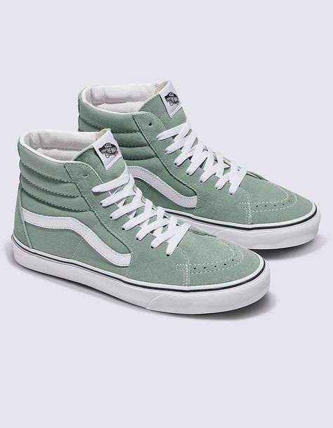 Vans Sk8-Hi Shoes. Legendary High Top, Sidestripe™ Shoes. Durable Suede And Canvas Uppers. Lace-Up Closure. Reinforced Toe Caps. Supportive Padded Collars. Signature Rubber Waffle Outsoles. Imported. Sage Green High Top Vans, Van High Tops, Green High Top Vans, Vans Shoes High Tops, Cute Vans, Vans High, Tenis Vans, Cool Vans, Vans Sk8 Hi