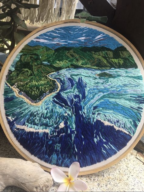 Embroidery and hoop artist of Mauritius - Jessica Grassy Felix art and crafts Underwater Embroidery Designs, Mauritius Painting, Underwater Embroidery, Embroidery Waterfall, Waterfall Embroidery, Underwater Waterfall, Needle Painting, Basic Embroidery, Painting Embroidery