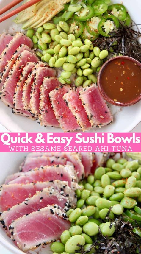 Blackened Ahi Tuna, Tuna Bowls, Tuna Sushi Bowl, Sesame Seared Tuna, Avocado Sushi, Sushi Bowls, Sushi Ingredients, Tuna Poke Bowl, Tuna Sushi