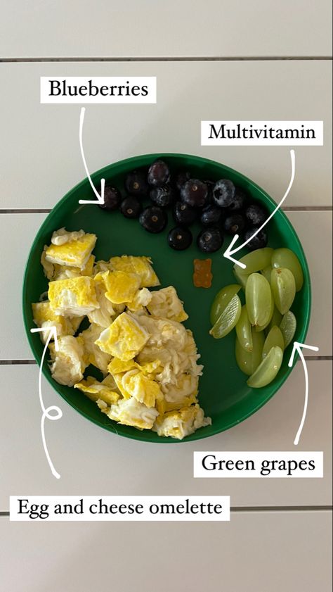 Egg and cheese omelette, green grapes, blueberries, and a multivitamin. #babyledweaning #blw #toddlermeals #pickyeater #breakfast Breakfast Toddler, Tiny Meals, Meal Plan For Toddlers, Weaning Toddler, Pregnancy Eating, Picky Toddler Meals, Weaning Foods, Toddler Foods, Baby Breakfast