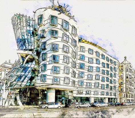 The Dancing House Prague, Dancing House Drawing, Deconstructivism Architecture, Dancing House Prague, The Dancing House, Perspective Architecture, Dancing House, Deconstructivism, Building Sketch