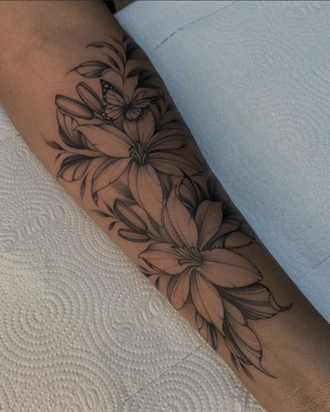 Pretty Forarm Tattoos Woman, Floral Angel Tattoo, Inner Forearm Flower Tattoo Women, Under Forearm Tattoo Women, Side Forearm Tattoo Women, Lily Tattoo Sleeve, Flower Forearm Tattoo, Forearm Flower Tattoo, Cool Nature