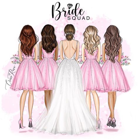 Criss Rosu - illustrator on Instagram: “💕Which one you like best? Pink bridesmaids dresses or pastel version?💕 #bride #bridetribe #bridesmaids #bridesmaid #bridesmaiddress…” Team Bride Logo, Pink Bridesmaids Dresses, Bride Clipart, Photo Cake Topper, Pink Bridesmaids, Wedding Card Frames, Wedding Social, Pink Bridesmaid Dress, Wedding Illustration