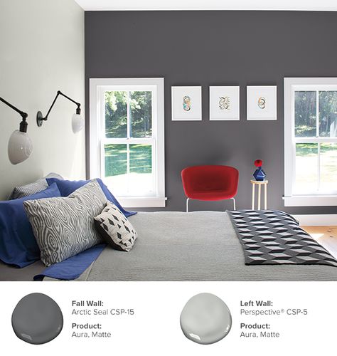 Give your bedroom a makeover with Benjamin Moore’s Aura Color Stories Collection. (FAR WALL): Arctic Seal CSP-15, Aura, Matte (LEFT WALL): Perspective® CSP-5, Aura, Matte. Amazing Gray Paint, Arctic Seal, Popular Grey Paint Colors, Dark Gray Paint Colors, Modern Grey Bedroom, Red Accent Chair, Paint Color Guide, Warm Gray Paint, Light Grey Paint Colors