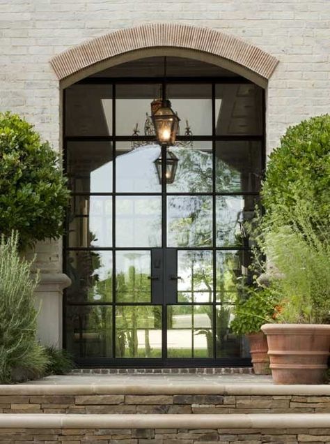 Steel French Doors, Brick Arch, Steel Windows, Casas Coloniales, Pool Design, Design Exterior, Farmhouse Exterior, Front Entrances, French Door