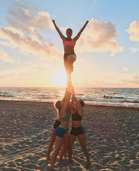 FAU cheer practice sunrise on the beach in Boca Raton Cheer Pyramids Stunts, Pyramid Stunts Cheer, Cheer Stunts Shoulder Sit, Cheer Pyramids With 4 Stunt Groups, Friends Playing Volleyball At The Beach, Cheer Practice, Amazon River, Spring Inspo, Cheer Stunts