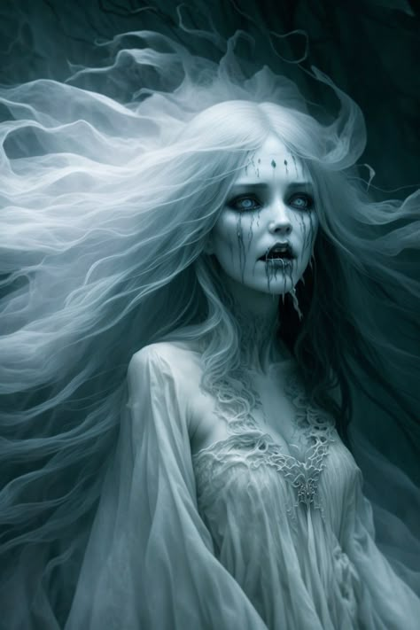 A banshee standing there in the pain of hunger Banshee Halloween Costume, Ghost Queen Art, Banshee Fantasy Art, Dnd Banshee, Banshee Aesthetic Mythology, Banshee Illustration, Banshee Mythology, Banshee Makeup, Mythical Creatures Costumes