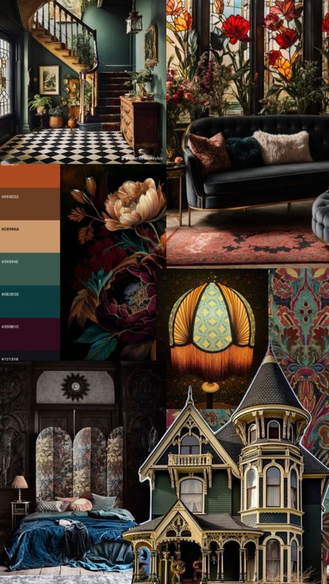 Victorian style mood board with an updated take, with a dark moody palette and focus on the traditional details. Stained glass windows, extensive eclectic color palette, focus on fabrics and woodwork Victorian Mood Board, Style Mood Board, Moody Palette, Interior Design Boards, Traditional Interior Design, Modern Victorian, Space Planning, Board Design, Victorian Style