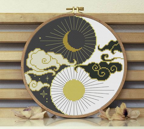 Crescent cross stitch pattern sun and moon Sky and clouds wall | Etsy Boho Cross Stitch, Moon Cross Stitch Pattern, Moon Cross Stitch, Funny Embroidery, Golden Embroidery, Boho Cross, Embroidery Wall Art, Cat Cross Stitch Pattern, Moon Wall Art