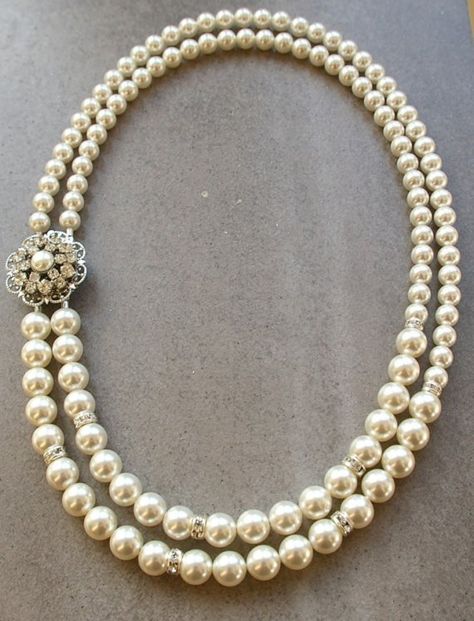 Double Strand Swarovski Pearl Rhinestone Statement Bridal Jewelry, Wedding Necklace Pearl, Vintage Wedding Jewelry, Pearl Accessories, Bridal Fashion Jewelry, White Pearl Necklace, Pearl And Lace, Pearl Bridal, Rhinestone Bridal