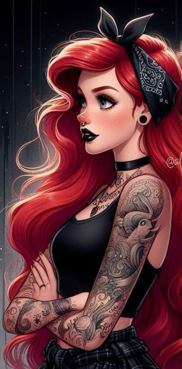 Punk Rock Disney Princesses, Gothic Disney Princesses Tattoo, Tatted Disney Princess, Disney Princess Leg Sleeve Tattoo, Rock Princess Aesthetic, Villian Tattoo Ideas For Women, Disney Dark Wallpaper, Bad Princess Disney Wallpaper, Disney Princess With Tattoos