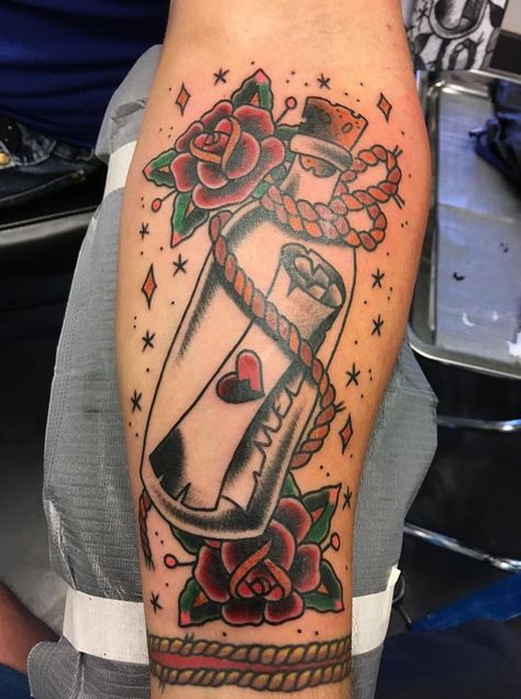 Message In A Bottle Tattoo, Naval Tattoos, In A Bottle Tattoo, Nautical Sleeve, Piston Tattoo, Tattoo Wall Art, Left Arm Tattoos, Inner Arm Tattoos, Sailor Tattoos