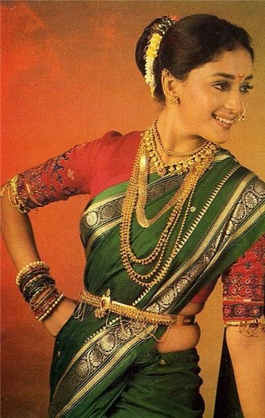 Marathi Saree, Maharashtrian Saree, Kashta Saree, Marathi Bride, Nauvari Saree, Retro Bollywood, Vintage Bollywood, Madhuri Dixit, Saree Look