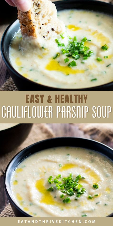 This easy Roasted Cauliflower Parsnip Soup recipe is healthy, creamy, and full of flavour! Sweet roasted parsnip, cauliflower and white beans are blended to create a smooth and velvety soup that is dairy free and vegan friendly. It cans also be made using a slow cooker! A simple, rustic, and wholesome soup recipe that is the perfect healthy dinner solution on a cold winter night! Get this easy and healthy Roasted Cauliflower Parsnip Soup recipe at eatandthrivekitchen.com Easy Roasted Cauliflower, Roast Cauliflower, Parsnip Recipes, Warm Soup Recipes, Easy Roast, Parsnip Soup, Roasted Parsnips, Roasted Cauliflower Recipes, Winter Soup Recipe