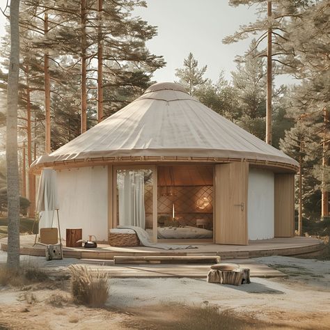 Yurt Interior, Tall Pine Trees, Lip Plumper Gloss, Yurt Home, Yurt Living, Building Types, Scandinavian Bedroom, Architecture History, Rustic Retreat