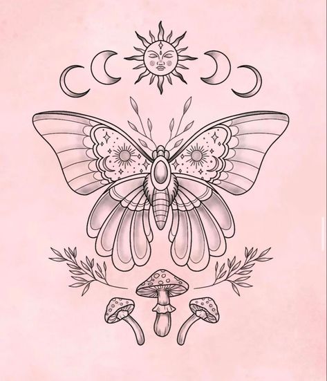 Butterfly Moon Tattoo Design, Sun And Moth Tattoo, Fairy Moth Tattoo, Moth And Moon Tattoo Design, Mystic Tattoos For Women, Mystical Tattoo Designs, Luna Moth Knee Tattoo, Dark Cottagecore Tattoo Ideas, Sun Moth Tattoo