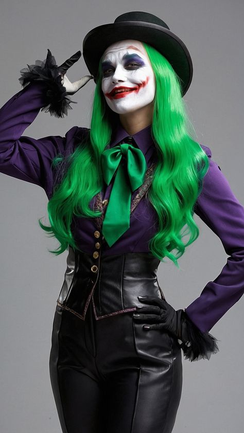 Discover the perfect Joker costume female outfit featuring a stunning white shirt and a purple corset in 2024 This hot easy and modest costume is appropriate for any occasion in 2019 Complete the look with green corset shoes and a stylish purple shirt Get ready to stand out in this unique and fashion-forward ensemble Joker Costume Ideas, Female Costume Ideas, Joker Costume Female Outfit, Female Joker Cosplay, Female Joker Costume, Modest Costumes, Female Costume, Female Joker, Joker Makeup