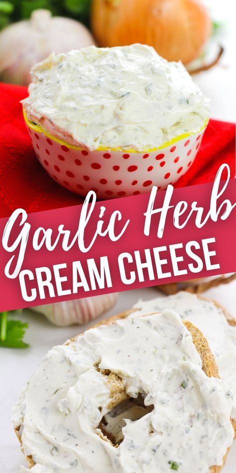 Garlic And Herb Cream Cheese Recipes, Garlic Cream Cheese Bagel, Herb And Garlic Cream Cheese Recipe, Things To Make With Cream Cheese, Whipped Cream Cheese Dip, Cheese Garlic Pasta, Cream Cheese Spread For Bagels, Flavored Cream Cheese Recipes, Cream Cheese For Bagels