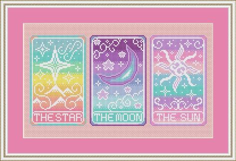 Tarot Cars Cross Stitch Pattern Set, of 3. 💛💜💖 Available, in the Shop. #crossstitch #crossstitchpattern #embroidery #craft #witch #witchy #tarot #sun #moon #star #pastel #photo #photooftheday #pretty #love Cars Cross Stitch, Cross Stitch Sun, Tarot Cross Stitch, Cross Stitch Star, Cross Stitch Moon, Sun Cross Stitch, Witchy Cross Stitch, Star Cross Stitch, Witch Cross Stitch